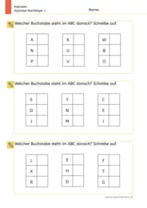 Arbeitsblatt: Alphabet Nachfolger von Buchstaben finden – 1. Klasse Nr. 1