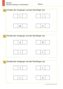 Arbeitsblatt: Alphabet Vorgänger und Nachfolger finden – 1. Klasse Nr. 1