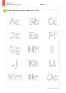 Arbeitsblatt: Alphabet Buchstaben nachspuren (Groß- und Kleinbuchstaben) – 1. Klasse Nr. 1