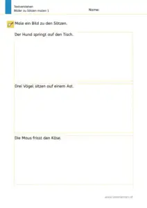 Textverstehen-Arbeitsblatt „Bilder zu Sätzen malen 1“ (1. Klasse): Kinder malen zu drei Sätzen passende Bilder (Hund springt auf den Tisch, drei Vögel auf einem Ast, Maus frisst Käse).