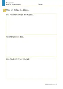 Textverstehen-Arbeitsblatt „Bilder zu Sätzen malen 2“ (1. Klasse): Kinder malen zu drei Sätzen passende Bilder (Mädchen schießt Fußball, Paul fängt einen Ball, Lisa fährt Fahrrad).