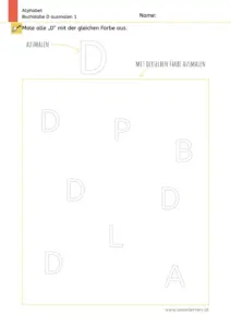 Arbeitsblatt zum Ausmalen und Erkennen des Großbuchstabens D