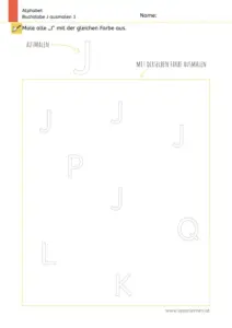 Arbeitsblatt zum Ausmalen und Erkennen des Großbuchstabens J