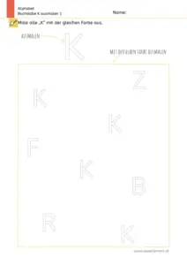 Arbeitsblatt zum Ausmalen und Erkennen des Großbuchstabens K