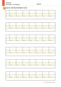 Arbeitsblatt: Buchstabe L nachspuren in mehreren Größen (1. Klasse)