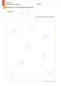 Arbeitsblatt zum Ausmalen und Erkennen des Großbuchstabens M