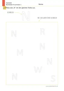 Arbeitsblatt zum Ausmalen und Erkennen des Großbuchstabens N