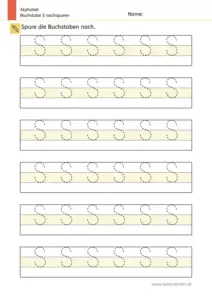 Arbeitsblatt: Buchstabe S nachspuren in mehreren Größen (1. Klasse)