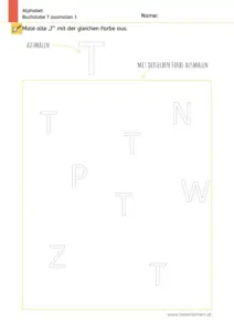 Arbeitsblatt zum Ausmalen und Erkennen des Großbuchstabens T