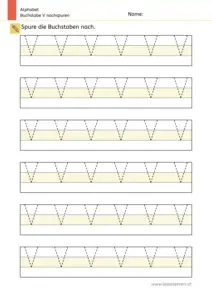Arbeitsblatt: Buchstabe V nachspuren in mehreren Größen (1. Klasse)