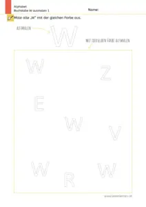 Arbeitsblatt zum Ausmalen und Erkennen des Großbuchstabens W