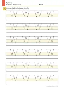 Arbeitsblatt: Buchstabe W nachspuren in mehreren Größen (1. Klasse)