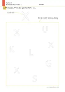Arbeitsblatt zum Ausmalen und Erkennen des Großbuchstabens X