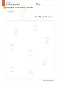 Arbeitsblatt zum Ausmalen und Erkennen des Großbuchstabens Z