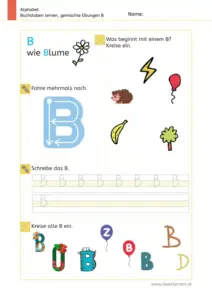 Arbeitsblatt: Gemischte Übungen zum Buchstaben B (Anlaute hören, Schreibrichtung und Nachspuren) - 1. Klasse