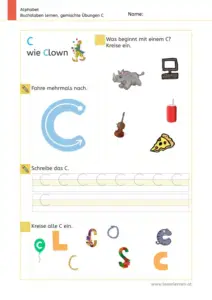 Arbeitsblatt: Gemischte Übungen zum Buchstaben C (Anlaute hören, Schreibrichtung und Nachspuren) - 1. Klasse