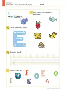 Arbeitsblatt: Gemischte Übungen zum Buchstaben E (Anlaute hören, Schreibrichtung und Nachspuren) - 1. Klasse