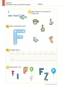 Arbeitsblatt: Gemischte Übungen zum Buchstaben F (Anlaute hören, Schreibrichtung und Nachspuren) - 1. Klasse
