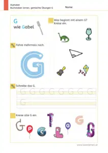 Arbeitsblatt: Gemischte Übungen zum Buchstaben G (Anlaute hören, Schreibrichtung und Nachspuren) - 1. Klasse