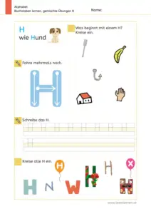 Arbeitsblatt: Gemischte Übungen zum Buchstaben H (Anlaute hören, Schreibrichtung und Nachspuren) - 1. Klasse