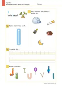 Arbeitsblatt: Gemischte Übungen zum Buchstaben I (Anlaute hören, Schreibrichtung und Nachspuren) - 1. Klasse