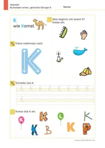 Arbeitsblatt: Gemischte Übungen zum Buchstaben K (Anlaute hören, Schreibrichtung und Nachspuren) - 1. Klasse