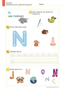 Arbeitsblatt: Gemischte Übungen zum Buchstaben N (Anlaute hören, Schreibrichtung und Nachspuren) - 1. Klasse