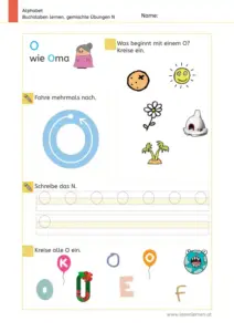 Arbeitsblatt: Gemischte Übungen zum Buchstaben O (Anlaute hören, Schreibrichtung und Nachspuren) - 1. Klasse