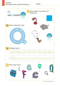 Arbeitsblatt: Gemischte Übungen zum Buchstaben Q (Anlaute hören, Schreibrichtung und Nachspuren) - 1. Klasse