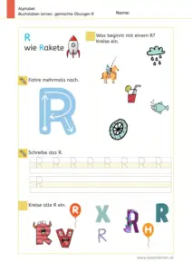 Arbeitsblatt: Gemischte Übungen zum Buchstaben R (Anlaute hören, Schreibrichtung und Nachspuren) - 1. Klasse