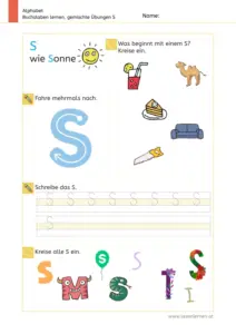 Arbeitsblatt: Gemischte Übungen zum Buchstaben S (Anlaute hören, Schreibrichtung und Nachspuren) - 1. Klasse