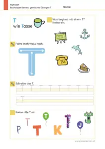 Arbeitsblatt: Gemischte Übungen zum Buchstaben T (Anlaute hören, Schreibrichtung und Nachspuren) - 1. Klasse