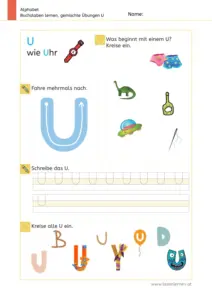Arbeitsblatt: Gemischte Übungen zum Buchstaben U (Anlaute hören, Schreibrichtung und Nachspuren) - 1. Klasse