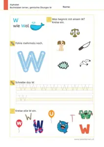 Arbeitsblatt: Gemischte Übungen zum Buchstaben W (Anlaute hören, Schreibrichtung und Nachspuren) - 1. Klasse
