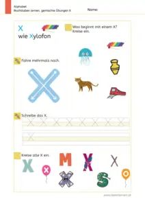 Arbeitsblatt: Gemischte Übungen zum Buchstaben X (Anlaute hören, Schreibrichtung und Nachspuren) - 1. Klasse