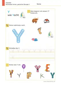 Arbeitsblatt: Gemischte Übungen zum Buchstaben Y (Anlaute hören, Schreibrichtung und Nachspuren) - 1. Klasse