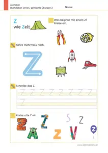 Arbeitsblatt: Gemischte Übungen zum Buchstaben Z (Anlaute hören, Schreibrichtung und Nachspuren) - 1. Klasse