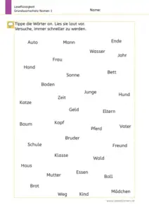 Arbeitsblatt „Leseflüssigkeit – Grundwortschatz Nomen 1“ (1. Klasse): Kinder tippen häufige Nomen an und lesen sie laut, um Leseflüssigkeit und Automatisierung zu trainieren.
