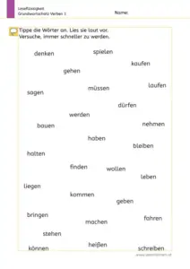Arbeitsblatt „Leseflüssigkeit – Grundwortschatz Verben 1“ (1. Klasse): Kinder tippen häufige Verben ab und lesen sie laut, um schneller und flüssiger zu werden.