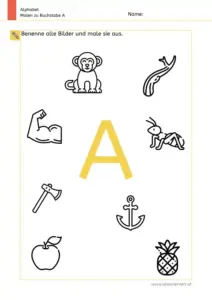 Arbeitsblatt „Malen zu Buchstabe A“: großes A in der Mitte, Bilder zum Benennen und Ausmalen (Affe, Ast, Arm, Ameise, Axt, Anker, Apfel, Ananas).