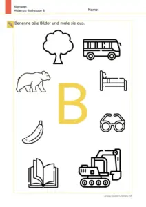 Arbeitsblatt: Buchstabe B – Bildern benennen und ausmalen