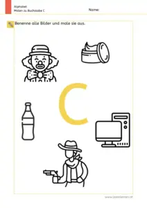 Arbeitsblatt: Buchstabe C – Bildern benennen und ausmalen