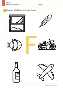 Arbeitsblatt: Buchstabe F – Bildern benennen und ausmalen