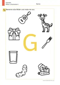 Arbeitsblatt: Buchstabe G – Bildern benennen und ausmalen