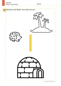 Arbeitsblatt: Buchstabe I – Bildern benennen und ausmalen