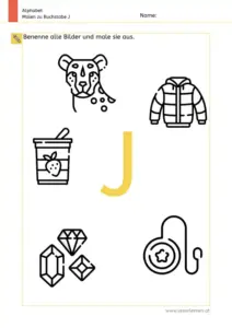 Arbeitsblatt: Buchstabe J – Bildern benennen und ausmalen