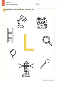 Arbeitsblatt: Buchstabe L – Bildern benennen und ausmalen
