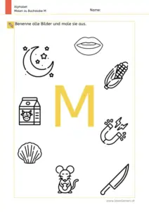 Arbeitsblatt: Buchstabe M – Bildern benennen und ausmalen