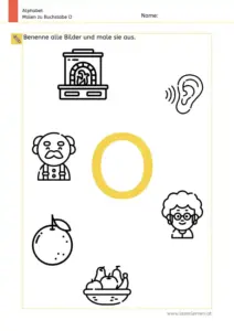 Arbeitsblatt: Buchstabe O – Bildern benennen und ausmalen