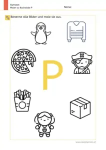 Arbeitsblatt: Buchstabe P – Bildern benennen und ausmalen